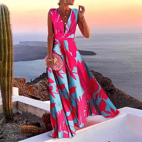 abito casual da donna abito svasato abito lungo maxi abito blu verde chiaro fucsia senza maniche stampa floreale primavera estate scollo a v 2023 s m l xl xxl