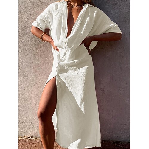 Per donna Abito lungo maxi Abito Camicia Vestito a caftano Abito Bianco Abiti in cotone e lino Essenziale Moderno Quotidiano Weekend Vestibilità comoda Semplice Mezza Manica Colletto a Camicia Bianco