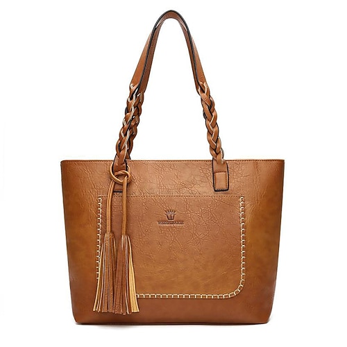 borsa tote vintage in similpelle marrone con cinturini intrecciati e dettaglio nappa - ideale per l'uso quotidiano e le uscite informali