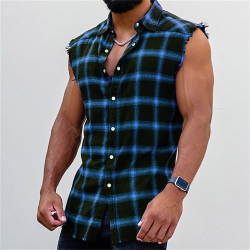 Per uomo Camicia Camicia Estiva Camicia a quadri Camicia con Bottoni Camicie a quadri Giallo Rosso Blu Senza Maniche Quadri Collo ripiegato All'aperto Streetwear Bottonato Abbigliamento Moda Casual
