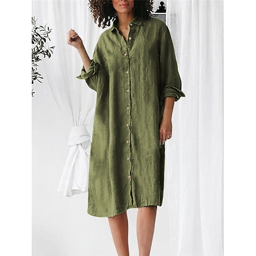 Abito da donna in cotone e lino, per la casa, quotidiano, da letto, manica lunga, con revers, colore: verde militare, blu navy, estate, primavera