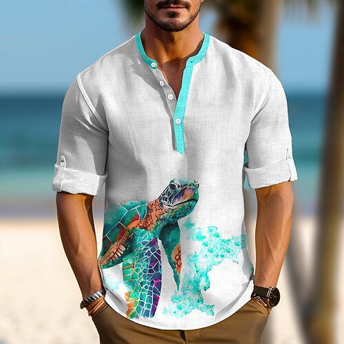 Per uomo Tropicale Tartaruga Camicia Camicia hawaiana estiva Camicia Aloha Manica Lunga Camicia Colletto Mao Hawaiano Resort Abbigliamento quotidiano Uscire Weekend Blu Marrone Verde S M L
