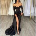 Abito da Sera Sirena Nero Vestito Trasparente Abito Formale per Ospite di Matrimonio Lungo Maniche Lunghe Off Shoulder Matrimonio in Autunno Ricevimento Seta con Applicazioni Abito Masquerade 2025