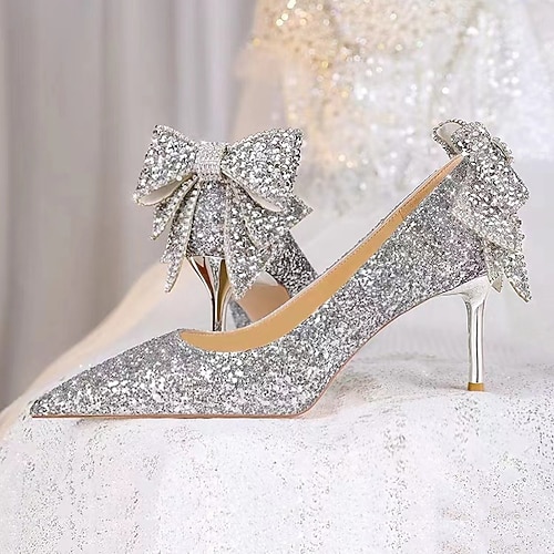 scarpe con tacco alto da sposa glitterate argento con fiocco, décolleté scintillanti per la sposa, eleganti scarpe con tacco a spillo per cerimonia e ricevimento