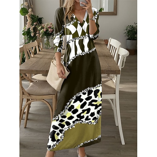 Maxi Abito da Donna Abito Casual Abito Invernale Abito a T-Shirt Abito a Tee Stampa Leopardo Blocco di Colore Tasche Scollo A V Abito Lungo Maxi Abito Appuntamento Vacanza Manica Lunga Autunno Inverno