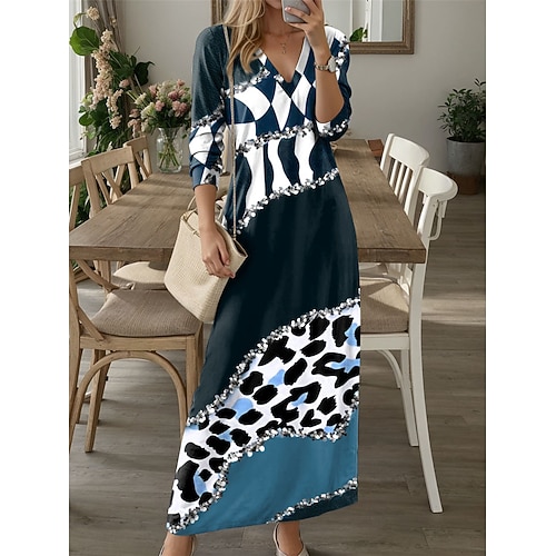 Maxi Abito da Donna Abito Casual Abito Invernale Abito a T-Shirt Abito a Tee Stampa Leopardo Blocco di Colore Tasche Scollo A V Abito Lungo Maxi Abito Appuntamento Vacanza Manica Lunga Autunno Inverno