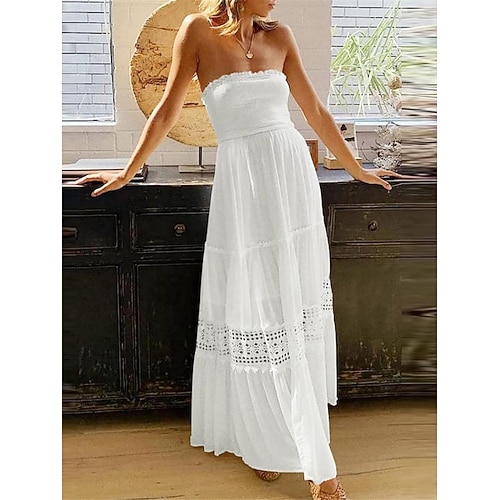 Per donna Abito Lungo Maxi Abito Abito Bianco Vestito Casual Abito da Sposa in Pizzo Bianco Abito Boho Elegante Streetwear Abito Maxi Streetwear Data Vestibilità comoda Semplice Senza Maniche Senza