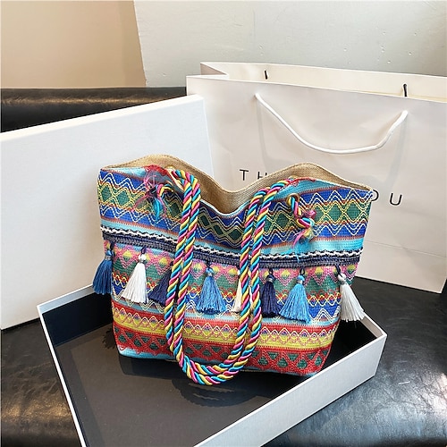 borsa tote in tela ricamata bohémien – borsa a tracolla con nappe colorate per donna, borsa da viaggio casual da spiaggia
