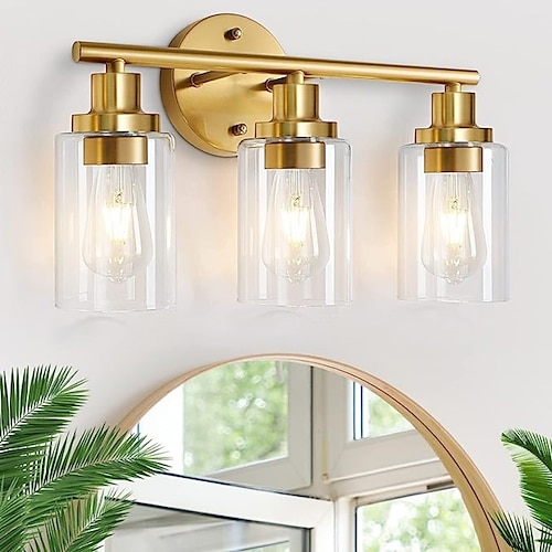 illuminazione del bagno luce vanità 3 luci applique da parete illuminazione bagno in ottone spazzolato luce con paralume in vetro trasparente applique da parete per bagno applique da parete per
