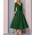 Abiti da Sposa da Mare A-Line Oro Madre della Sposa Abito Ospite di Matrimonio Elegante Vintage Taglia Forte Scollo a V Lunghezza Té Satin Maniche 3/4 con Pieghe per impressionare senza costo