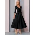 Abiti da Sposa da Mare A-Line Oro Madre della Sposa Abito Ospite di Matrimonio Elegante Vintage Taglia Forte Scollo a V Lunghezza Té Satin Maniche 3/4 con Pieghe per impressionare senza costo