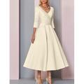 Abiti da Sposa da Mare A-Line Oro Madre della Sposa Abito Ospite di Matrimonio Elegante Vintage Taglia Forte Scollo a V Lunghezza Té Satin Maniche 3/4 con Pieghe per impressionare senza costo