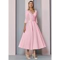 Abiti da Sposa da Mare A-Line Oro Madre della Sposa Abito Ospite di Matrimonio Elegante Vintage Taglia Forte Scollo a V Lunghezza Té Satin Maniche 3/4 con Pieghe per impressionare senza costo