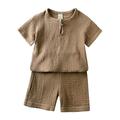 Leinen-Kleidung für Kleinkinder, Babys, Jungen und Mädchen, passende Outfits, solides Leinen, kurzärmeliges T-Shirt, Tops, Shorts, Hosen, Unisex, 2-teiliges Sommer-Outfits-Set für Zuhause, Alltag, Sommer, Frühling, 3–7 Jahre, Weiß, Blau, Braun