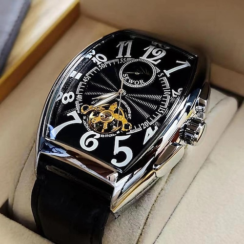 Herren mechanische Uhr Luxus Großes Zifferblatt Mode Business Hohl Skelett Automatik Selbstaufzug Wasserdicht Lederuhr Image