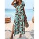 Damen Casual kleid Sommerkleid Blatt Leopard Gespleisst Bedruckt V Ausschnitt kleid lang Urlaub Kurzarm Sommer