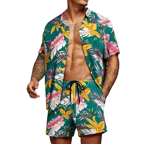 Herren Grafik Palmblatt Tropische Pflanzen 2St Hemden-Sets Sommer Hawaiihemd Kurzarm Kurze Hosen Umlegekragen Designer Strand Urlaub Lässig Täglich 3D Sommer Silber Rot / Weiß Grün / Schwarz Image