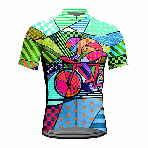 Herren Radtrikot Geometrisch Regenbogen Sterne Kurzarm Fahhrad Trikot Oberteil mit 3 Gesäßtaschen Mountainbike MTB Straßenradsport Schnelltrocknend Reflektierende Streifen Rückentasche Image