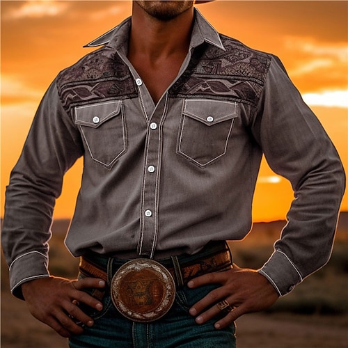 Herren Stammes Bandana-Print Hemd Westernhemd Langarm Hemd Umlegekragen Vintage Outdoor Straße Alltagstauglich Rosa Rote Blau S M L Image