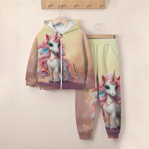 3D-Einhorn-Kapuzenpullover für Mädchen Jogginghosen-Set, langärmelig, 3D-Druck, Frühling, Herbst, aktiv, modisch, niedlich, Polyester, für Kinder 3–12 Jahre, Reißverschluss, Kapuze, Outdoor, Straße, Image
