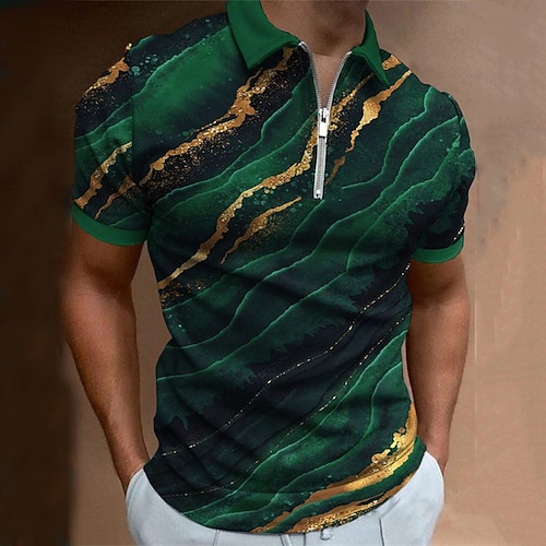 Herren Grafik Poloshirts mit Reißverschluss Golfshirt Kurzarm Polo-Shirts Hemden mit Kragen Lässig Urlaubskleidung Rave-Kleidung Party-Outfits 3D-Druck Viertelreißverschluss-Poloshirt Dunkelgrün Image