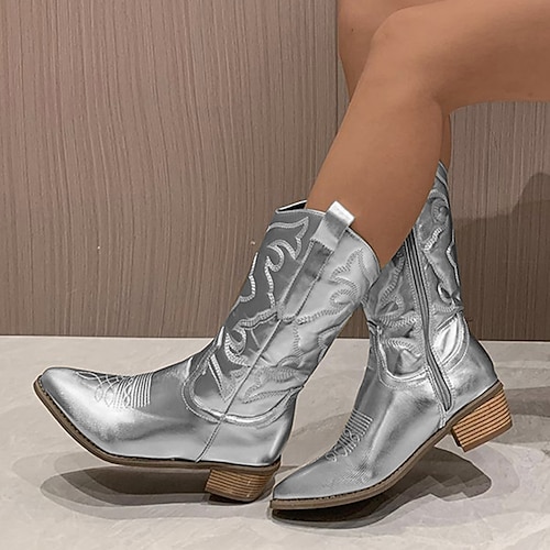 Stilvolle weiße Cowboystiefel für Damen, halbhohe Stiefel mit bestickten Details für lässige und Western-Outfits Image