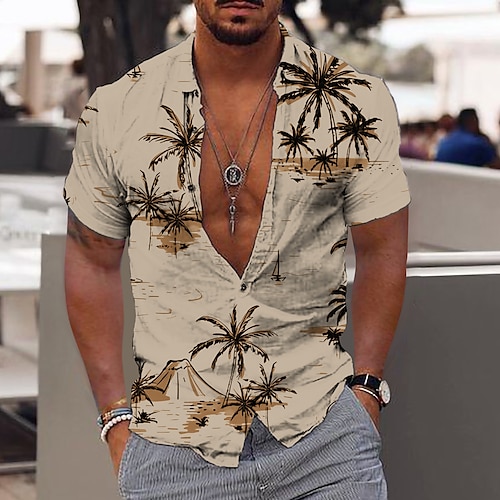 Herren Kokosnussbaum Tropische Pflanzen Hemd Hawaiihemd Sommerhemd Aloha-Shirt Kurzarm Hemd Umlegekragen Modisch Hawaiianisch Designer Outdoor Strasse Casual Hellgelb Weiß Gelb Print S M L Image