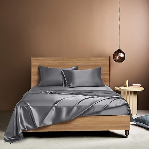 4-teiliges Satin-Bettlaken-Set für Hotels, luxuriöse seidige Bettwäsche, weiche Premium-Satin-Bettwäsche, knitterfreiamp; Farbbeständiges Bettwäsche-Set, bestehend aus 1 Spannbettlaken mit tiefen Image