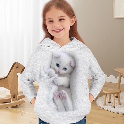 Mädchen 3D Katze Kapuzensweatshirt Pullover Langarm 3D-Druck Frühling Herbst Aktiv Mode Niedlich Kinder 3-12 Jahre Mit Kapuze Outdoor Lässig Täglich Normale Passform Image