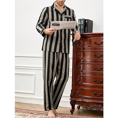 Herren Hausanzug Schlafanzüge Schlafanzug Set Pyjama-Oberteil und Hose 2 Stück Streifen Stilvoll Brautkleider schlicht Komfort Heim Täglich Baumwolle Komfort Kargen Langarm Hemd Hose Kordelzug Image