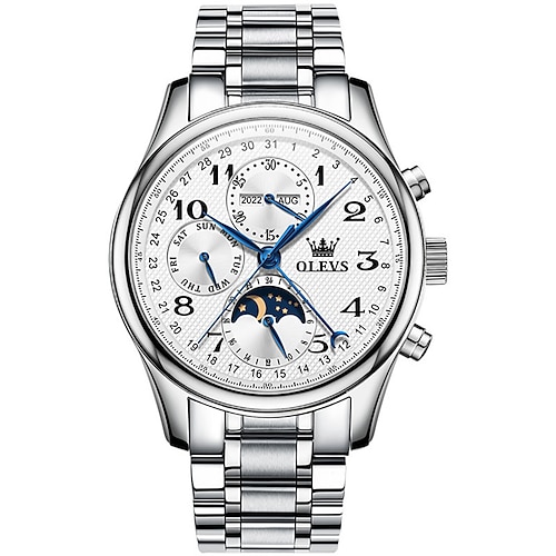 OLEVS Herren mechanical Uhr Kalender Luxus wasserdichte Armbanduhr Automatik Selbstaufzug Mondphasen-Dualdisplay-Kalender Edelstahlarmbanduhr