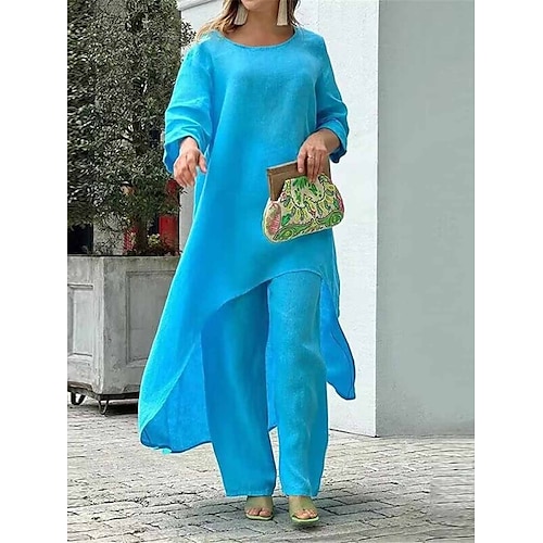 Leinen-inspirierte Damen-Sets, zweiteilige Sets, reine Farbe, modisch, schlicht, lässig, für Straßen, Dates und Flughäfen, atmungsaktiv, Rundhalsausschnitt, langärmlige Hose, Sommer-Frühlings-Home-Outfits Image