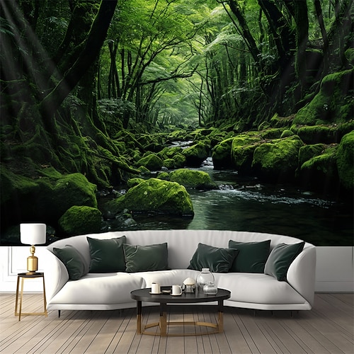 Waldfluss hängende Wandteppich-Wandkunst, großer Wandteppich, Wanddekoration, Fotografie, Hintergrund, Decke, Vorhang, Zuhause, Schlafzimmer, Wohnzimmer, Dekoration Wandtuch XXL Natur Image
