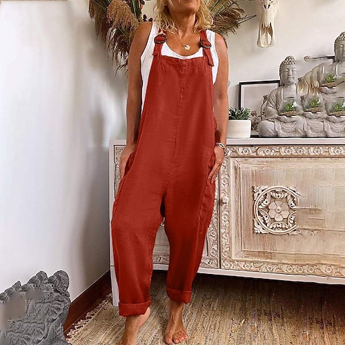 Damen Modisch Overall Jumpsuit Seitentaschen In voller Länge Hose Casual Wochenende Unelastisch Glatt Leinenoptik Komfort Mittlere Taillenlinie Grün Schwarz Rote S M L XL XXL Image