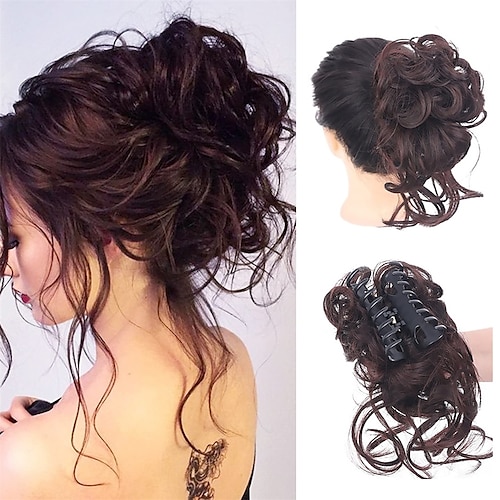 Klaue Messy Bun Haarteile Clip welliges lockiges Haar Chignon Clip in Haarteilen zerzauste Hochsteckfrisur Donut Haarknoten synthetischer Kunsthaar Pferdeschwanz für Frauen Mädchen Image