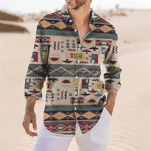 Herren Stammes Geometrie Ethnisch Hemd Knopfhemd Langarm Vintage Mode Streetwear Outdoor Täglich Herbst Winter Umlegekragen Druck Button-Down Gelb Blau Image
