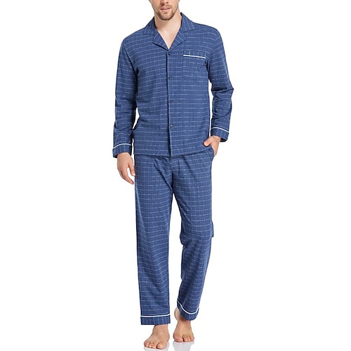 Herren Hausanzug Schlafanzüge Schlafanzug Set Pyjama-Oberteil und Hose 2 Stück Plaid Stilvoll Brautkleider schlicht Komfort Heim Täglich Baumwolle Polyester Komfort Kargen Langarm Hemd Hose Kordelzug Image