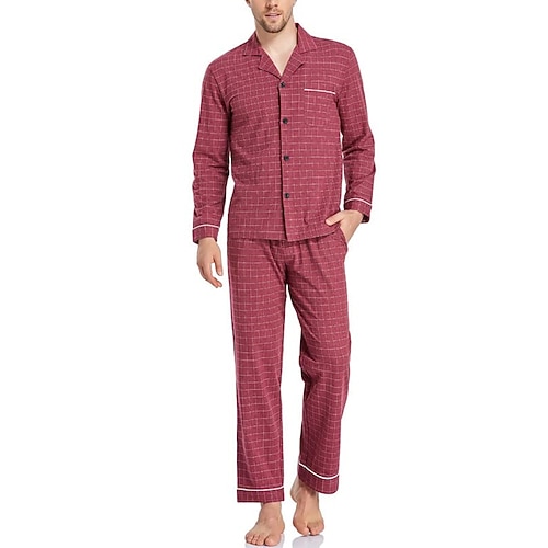 Herren Hausanzug Schlafanzüge Schlafanzug Set Pyjama-Oberteil und Hose 2 Stück Plaid Stilvoll Brautkleider schlicht Komfort Heim Täglich Baumwolle Polyester Komfort Kargen Langarm Hemd Hose Kordelzug Image