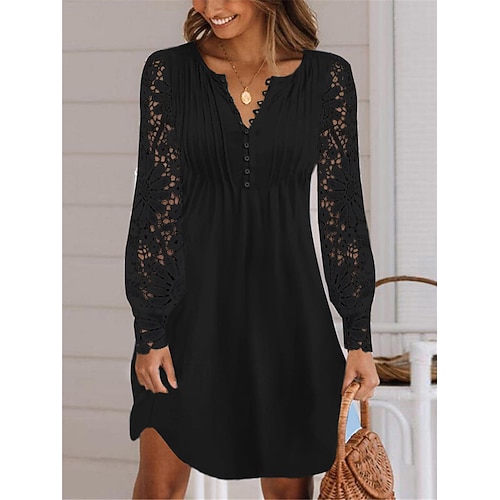 Damen Minikleid Weißes Spitzenkleid Weißes Spitzenhochzeitskleid Mode Modern Reifen Täglich Urlaub Ferien Normale Passform Einfach Langarm Rundhalsausschnitt Schwarz Weiß Sommer Frühling Herbst Image