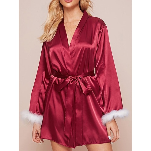 Damen-Schlafanzug, Bademantel, Bademantel, reine Farbe, schlicht, lässig, bequem, für zu Hause, tägliches Bett, Satinspitze, atmungsaktiv, V-Draht, lange Ärmel, Sommer-/Herbst-Home-Outfits Image