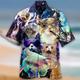 Herren Hemd Hawaiihemd Sommerhemd Tier Katze Grafik-Drucke Umlegekragen Weiß Blau Violett Purpur Casual Hawaiianisch Kurzarm Button-Down Bedruckt Bekleidung Tropisch Modisch Hawaiianisch Weich