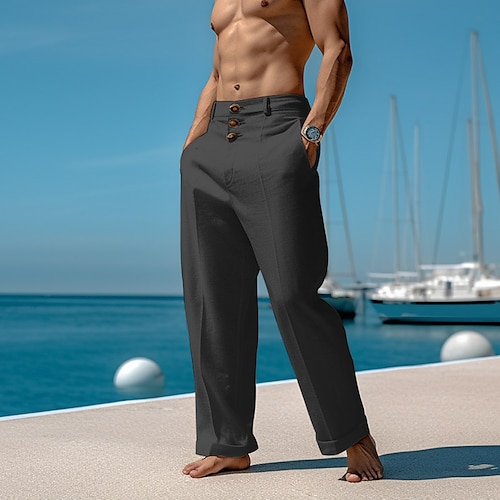 Herren Leinenhosen Hose Sommerhose Strandhose Fronttasche Gerader Schnitt Einfach Komfort Atmungsaktiv Lässig Täglich Ferien Mode Basic Schwarz Weiß Image