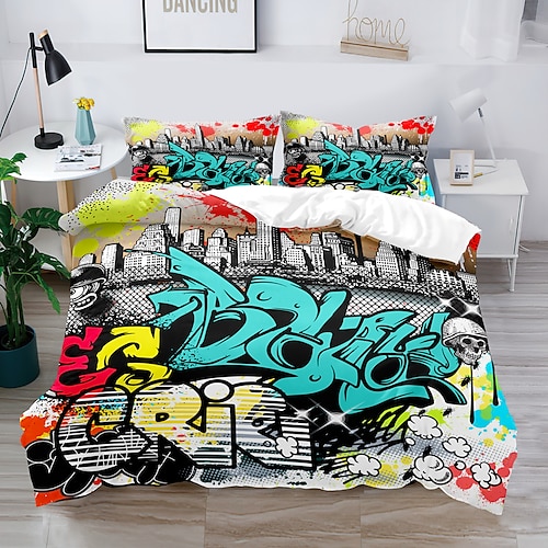 3D-Street-Art-Graffiti-Serie-Druck, Bettbezug, Bettwäsche-Sets, Bettdeckenbezug mit 1 bedruckter Bettbezug oder Bettdecke, 2 Kissenbezüge für Doppelbett/Queen/King Image