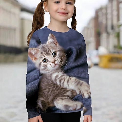 Mädchen 3D Tier Katze T-Shirt Langarm 3D-Druck Sommer Frühling Herbst Aktiv Sport Modisch kinderkleidung 3-12 Jahre Outdoor Täglich Innen Regular Fit Image