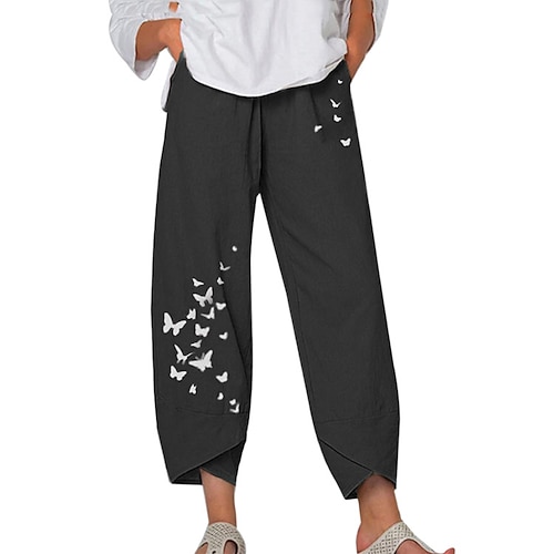 Damen Normal Hose aus Baumwollleinen Hosen Hose Capri-Shorts Baggy-Hosen Chino Knöchellang Hohe Taille Schmetterling Baggy Druck Weich Außenbereich Atmungsaktiv Unelastisch Lässig Ausgehen Schwarz Image