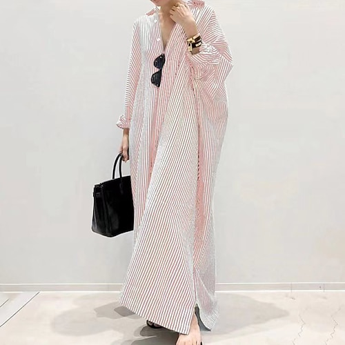 Damen Maxikleid 100% Baumwolle Shiftkleid Hemdblusenkleid Kaftan Kleid Basic Lässig Täglich Outdoor Urlaub Lässiger Schnitt Gestreift Langarm Hemdkragen Blau Schwarz Weiß Hellgrün Sommer Frühling