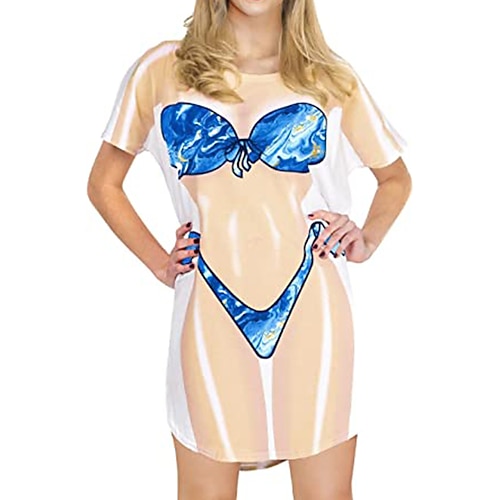 Damen-Bikinihemd-Vertuschungskleid lustiger süßer Bikinidruck für Badebekleidung Kurzarm 3D-Grafik Baggy-Badebekleidungsvertuschung Image