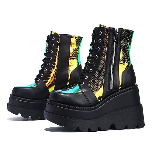 Damen-Plateaustiefeletten mit holografischem Schlangenmuster, kantiger Punk-Gothic-Stil mit klobigem Absatz und seitlichem Reißverschluss, perfekt für Abend- und Festival-Looks Image