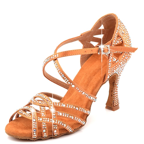 Damen Schuhe für den lateinamerikanischen Tanz Salsa Schuhe Tanzschuhe Leistung Innen Glitzer Kristall Pailletten Juwelen Absätze Peep Toe Schnalle Kreuzgurt Erwachsene Mandelfarben Schwarz Rot