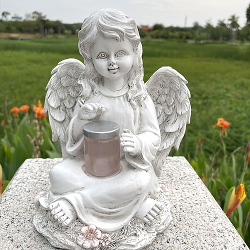 Garten-Engel-Statuen, Engel-Fee-Statuette mit Solarlicht, Garten-Engel-Figuren aus Kunstharz, Ornament, Engel-Dekoration für Rasen, Friedhof, Gedenkgeschenke, Schutzengel-Gartenstatuette-Mädchen